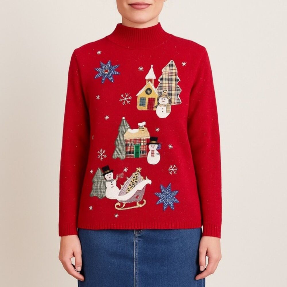 Vintage 90s Christmas Sweater Victoria Jones Red Size Small Snowman XMas Artsy
